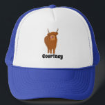 Scottish Highland Cattle Cow Graphic Personalized Trucker Hat<br><div class="desc">Add a name or your own custom message to this hat which features a cute cartoon style illustration of a Scottish Highland Cow in reddish brown. Your text appears below in bold black lettering.</div>