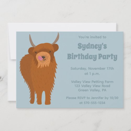 Scottish Highland Cattle Light Blue Birthday Party Invitation