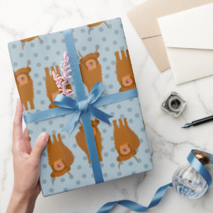 Scottish Highland Cattle Pale Blue Polka Dots Wrapping Paper