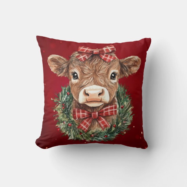 Scottish Highland Cow at Christmas Time Throw Pillow (Front)