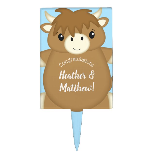 Scottish Highland Cow Baby Shower Blue Cake Topper (Front)