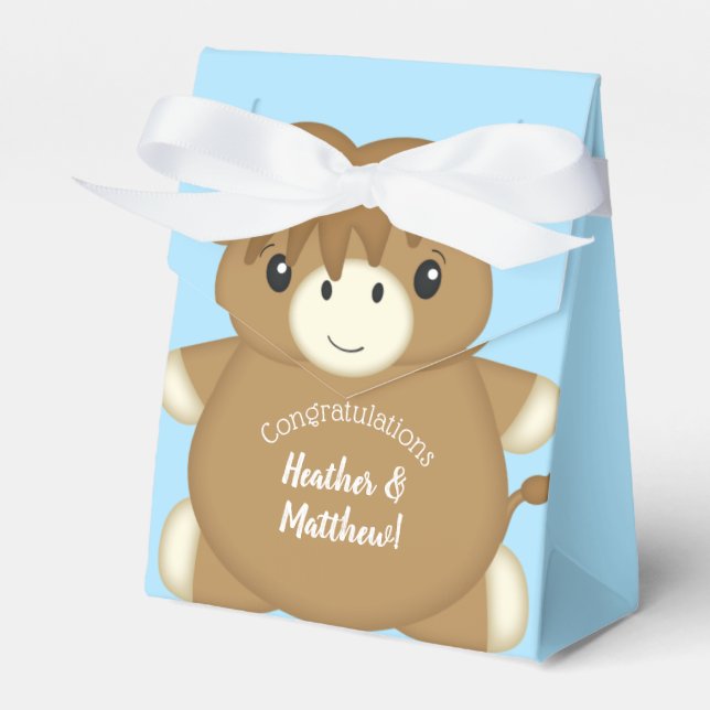 Scottish Highland Cow Baby Shower Blue Favor Boxes (Front Side)