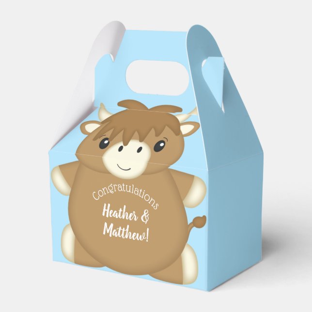 Scottish Highland Cow Baby Shower Blue Favor Boxes (Front Side)