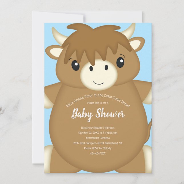 Scottish Highland Cow Baby Shower Blue Invitation (Front)