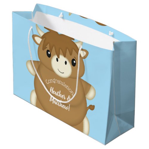 Scottish Highland Cow Baby Shower Blue Large Gift Bag