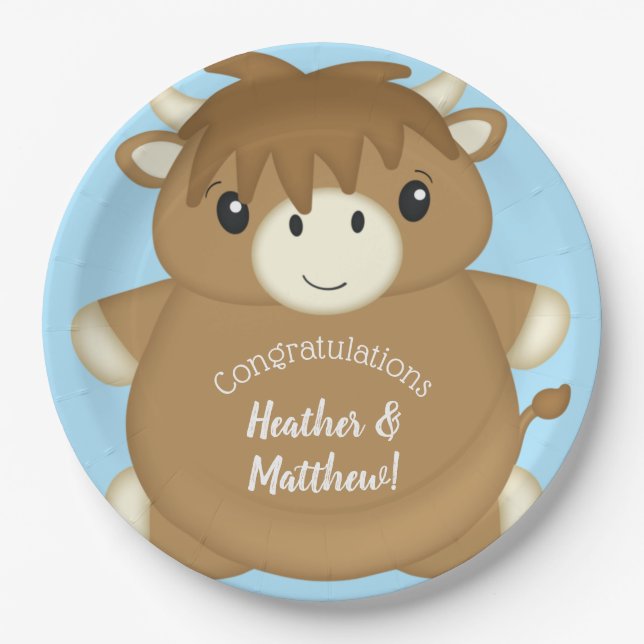 Scottish Highland Cow Baby Shower Blue Paper Plates (Front)
