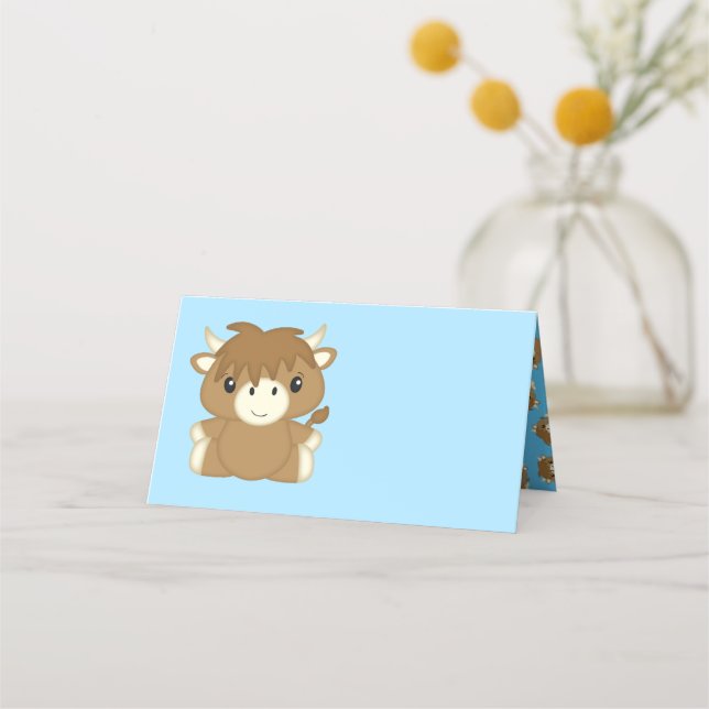 Scottish Highland Cow Baby Shower Blue Place Card (Front)
