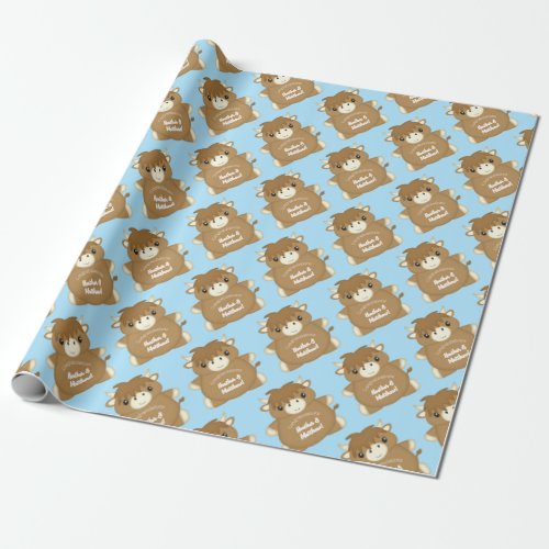 Scottish Highland Cow Baby Shower Blue Wrapping Paper