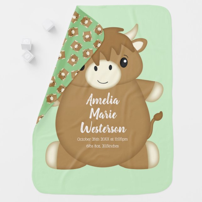 Scottish Highland Cow Baby Shower Green Baby Blanket (In Situ)