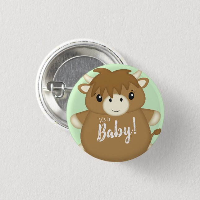 Scottish Highland Cow Baby Shower Green Button (Front & Back)
