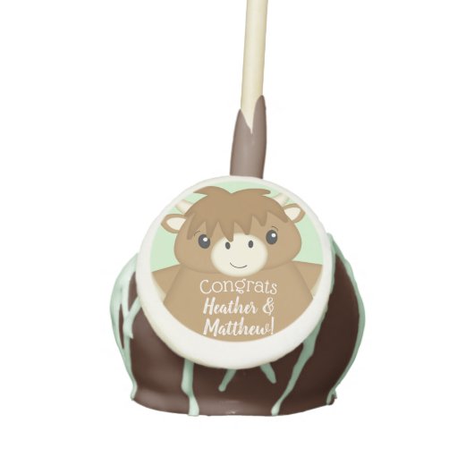 Scottish Highland Cow Baby Shower Green Cake Pops (Front)