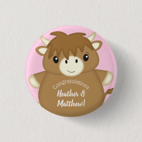 Scottish Highland Cow Baby Shower Pink Button