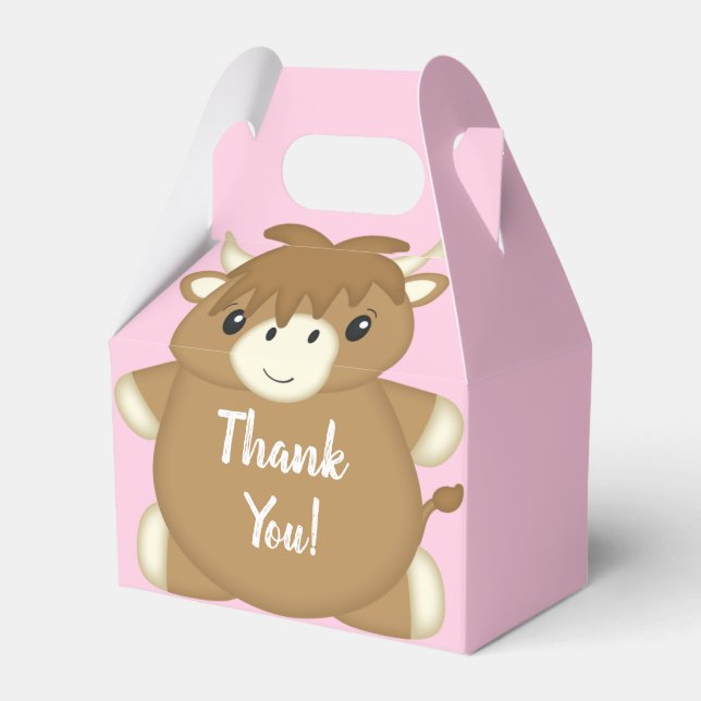 Scottish Highland Cow Baby Shower Pink Favor Boxes (Front Side)