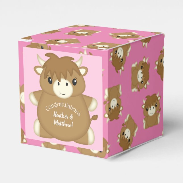 Scottish Highland Cow Baby Shower Pink Favor Boxes (Front Side)