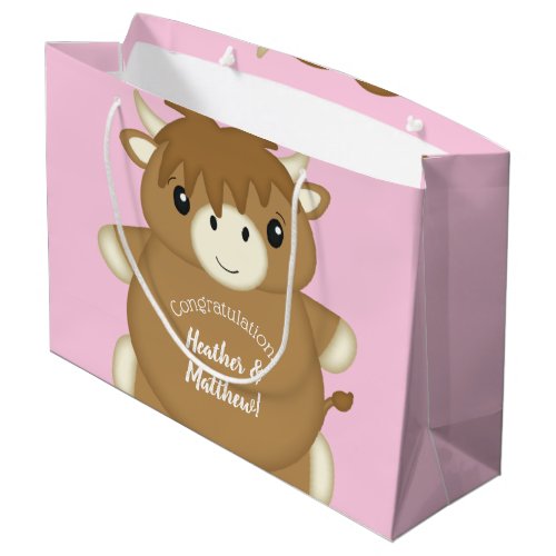 Scottish Highland Cow Baby Shower Pink Large Gift Bag