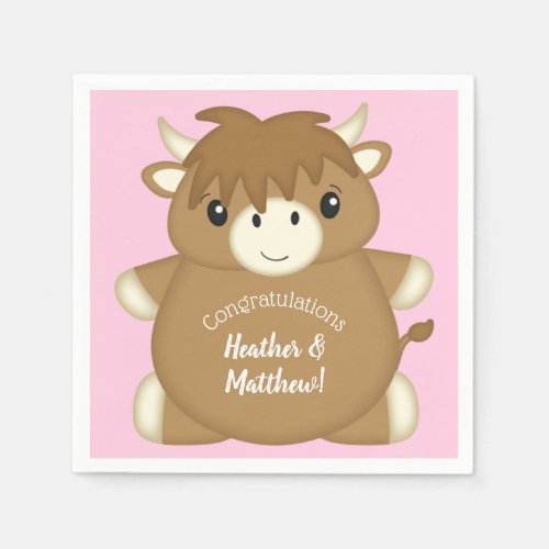 Scottish Highland Cow Baby Shower Pink Napkins