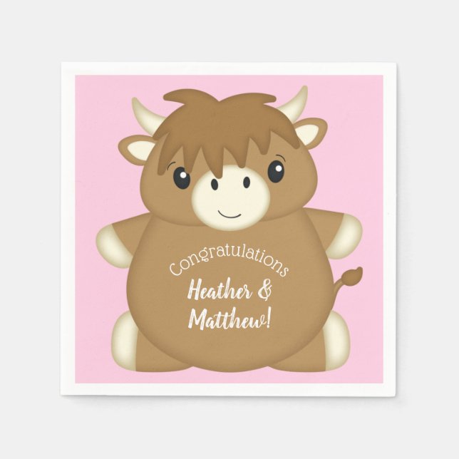 Scottish Highland Cow Baby Shower Pink Napkins (Front)