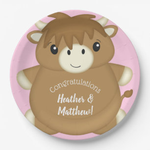 Scottish Highland Cow Baby Shower Pink Paper Plates