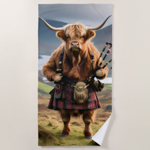 Scottish Highland Cow Bagpiper, Beach Towel