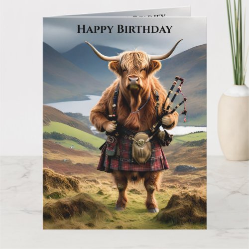 Scottish Highland Cow Bagpiper Big Birthday Card 