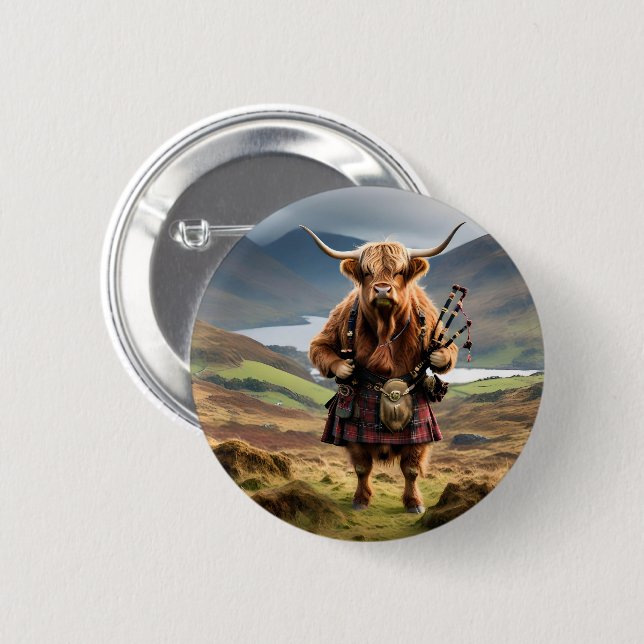 Scottish Highland Cow Bagpiper, Button (Front & Back)