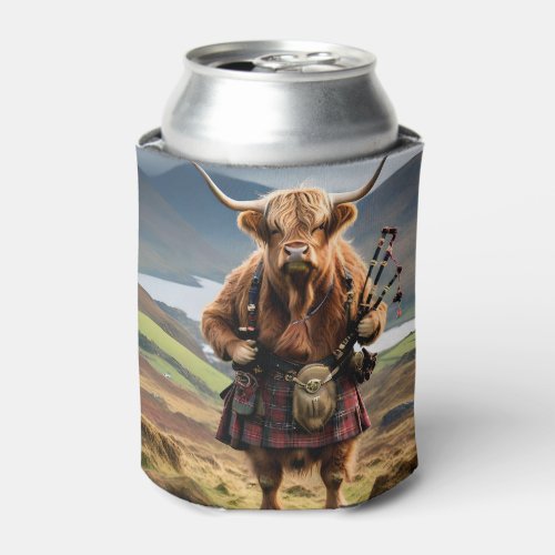 Scottish Highland Cow Bagpiper  Can Cooler