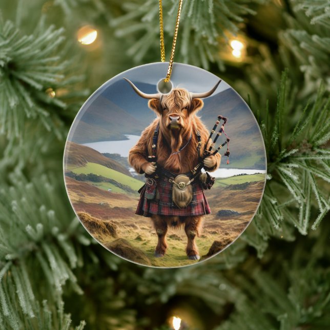 Scottish Highland Cow Bagpiper,  Ceramic Ornament (Tree)