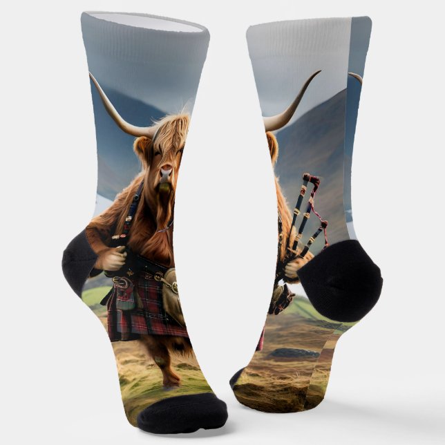 Scottish Highland Cow Bagpiper, Crew Socks (Angled)