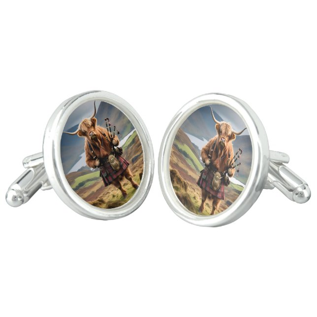Scottish Highland Cow Bagpiper, Cufflinks (Angled)