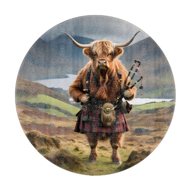 Scottish Highland Cow Bagpiper, Cutting Board (Front)