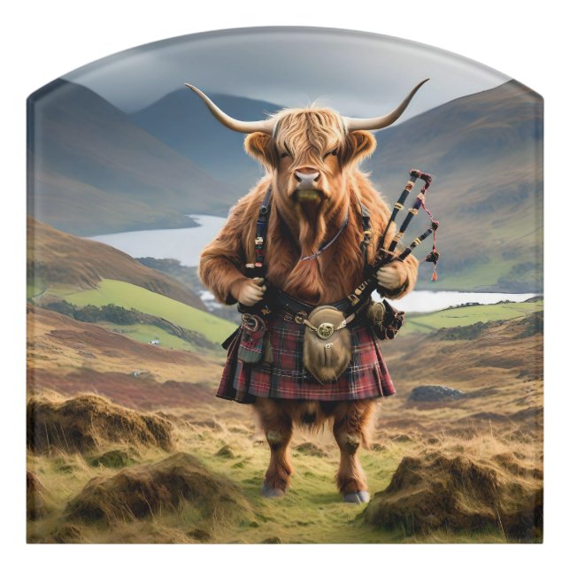 Scottish Highland Cow Bagpiper, Door Sign (Contour Front)