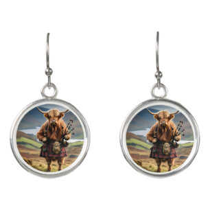 Scottish Highland Cow Bagpiper, Earrings