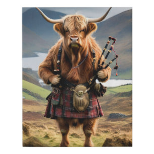 Scottish Highland Cow Bagpiper, Faux Canvas Print