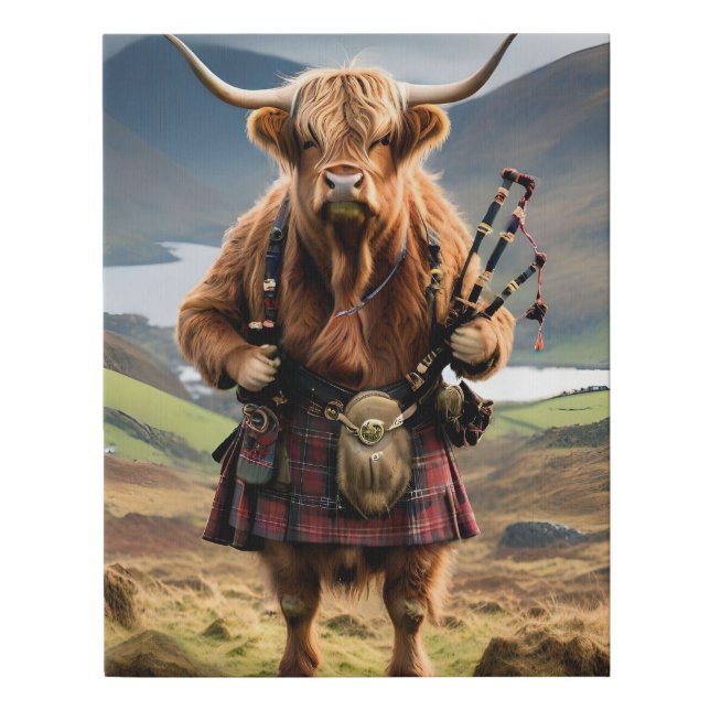 Scottish Highland Cow Bagpiper,  Faux Canvas Print (Front)