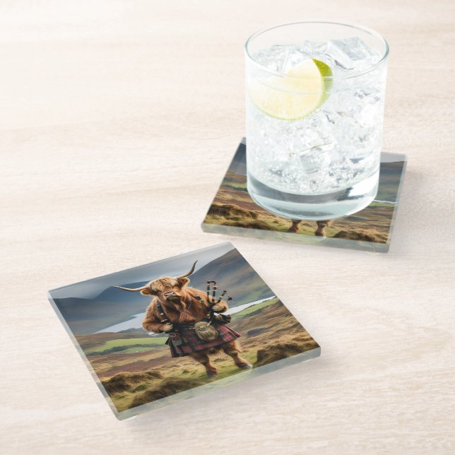 Scottish Highland Cow Bagpiper, Glass Coaster (Angled)