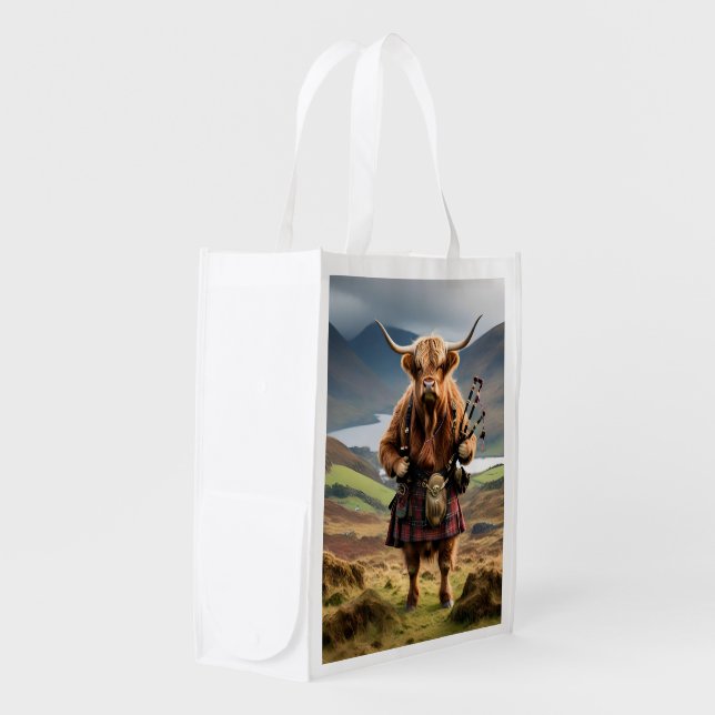 Scottish Highland Cow Bagpiper, Grocery Bag (Front Side)