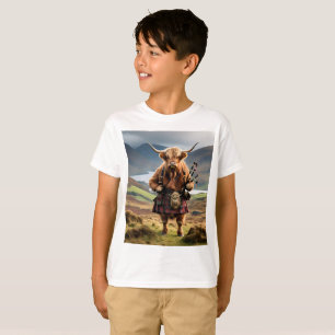 Scottish Highland Cow Bagpiper, Kids Tshirt