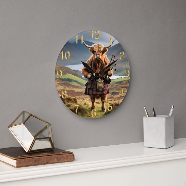 Scottish Highland Cow Bagpiper, Large Clock (Office)