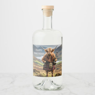 Scottish Highland Cow Bagpiper,  Liquor Bottle Label