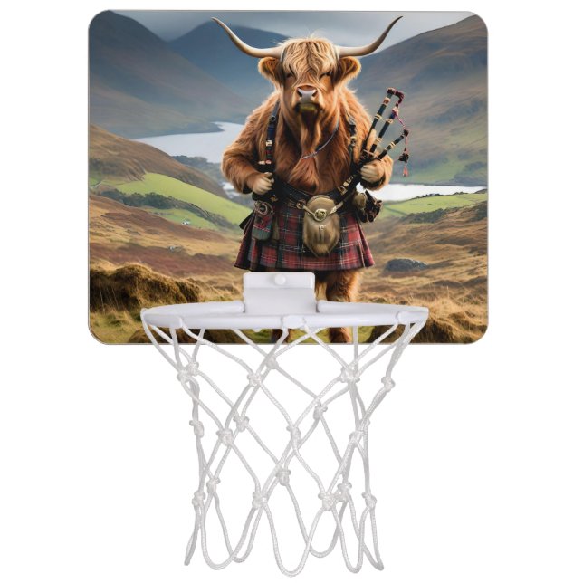 Scottish Highland Cow Bagpiper, Mini Basketball Hoop (Front)