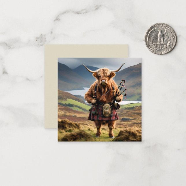 Scottish Highland Cow Bagpiper,  Note Card (Front/Back In Situ)