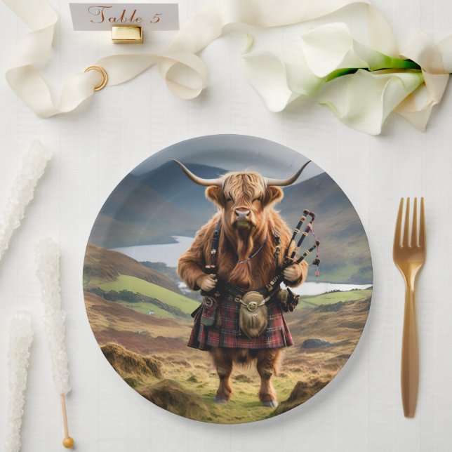 Scottish Highland Cow Bagpiper, Paper Plates (Wedding)