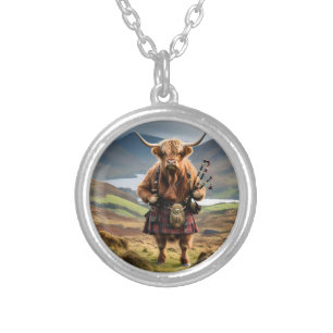Scottish Highland Cow Bagpiper, Silver Plated Necklace