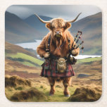 Scottish Highland Cow Bagpiper, Square Paper Coaster