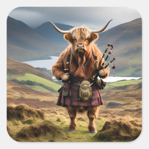 Scottish Highland Cow Bagpiper Square Sticker