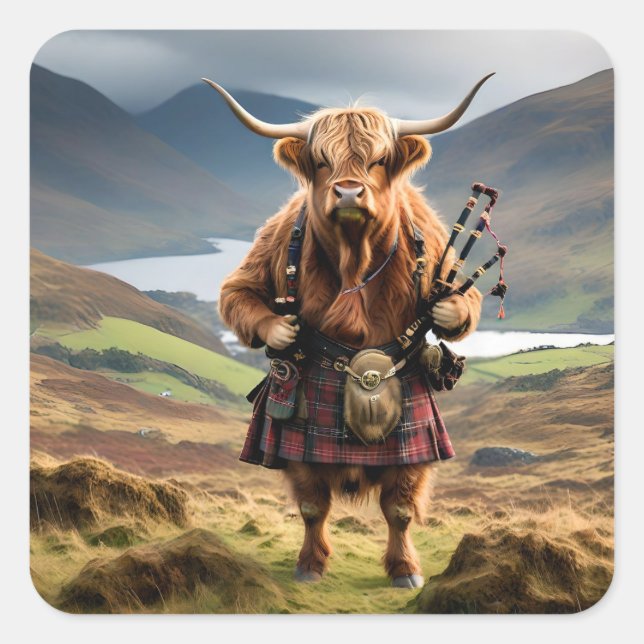 Scottish Highland Cow Bagpiper, Square Sticker (Front)