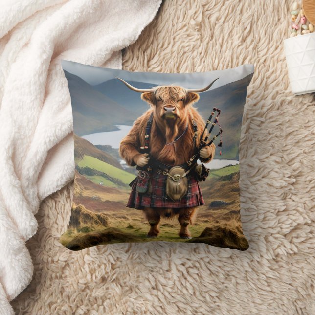 Scottish Highland Cow Bagpiper, Throw Pillow (Blanket)