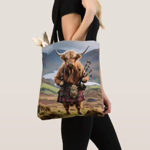 Scottish Highland Cow Bagpiper, Tote Bag