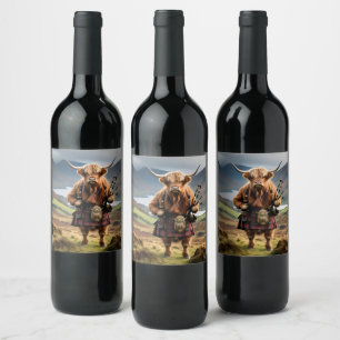 Scottish Highland Cow Bagpiper, Wine Label