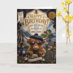 Scottish Highland Cow Birthday Castle & Thistle Card